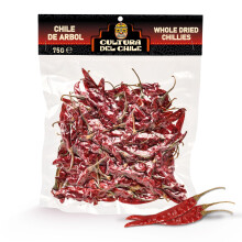 Arbol Whole Dried Chillies 75g - All Natural, High Heat, Sharp, Smoky Flavour for Authentic Mexican Taste. Great for Birria Tacos, Soups, Salsa, and