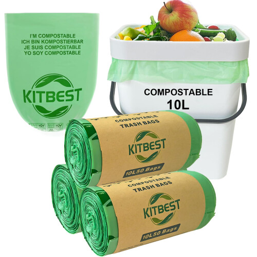 KITBEST 10l Compostable Bin Liners 150 Food Waste Bags, Biodegradable