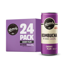 Remedy Kombucha Tea - Cherry Plum - Sparkling Live Cultured, Naturally Sugar Free Soft Drink - Probiotic for Gut Health - 24 x 250ml