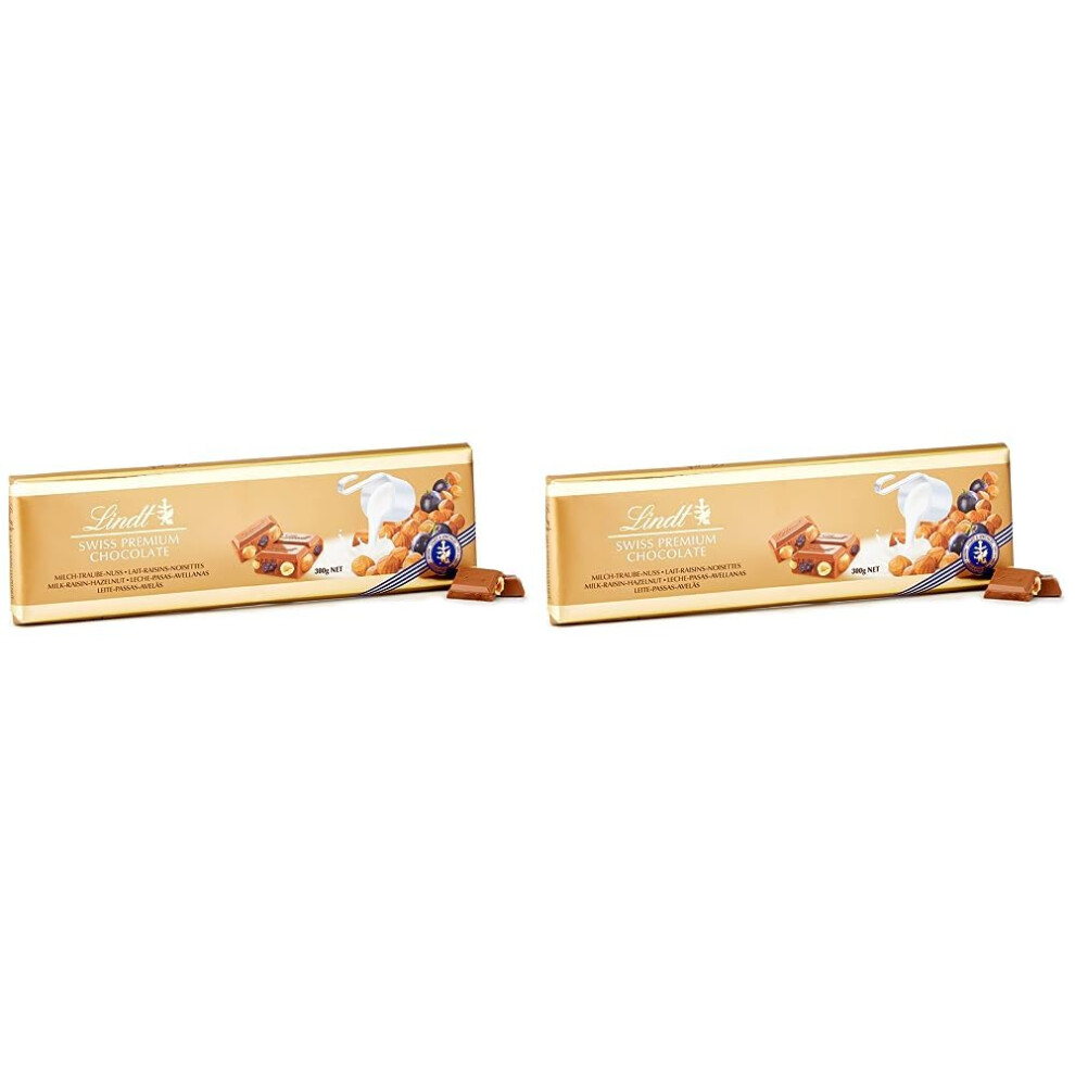 Lindt Swiss Milk Chocolate Hazelnut & Raisin Gold Bar 300G (Pack 2)