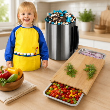 Küchen-Backset (3-teilig) – Schneidebrett aus Bambus, verstellbare Kuchenform und Kinderschürze