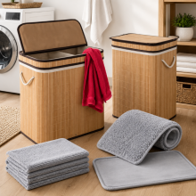Bamboo Laundry Cleaning Set (2-Piece) – Two-Chamber 100L Bamboo Hamper & 5-Pack Flat Mop Pads