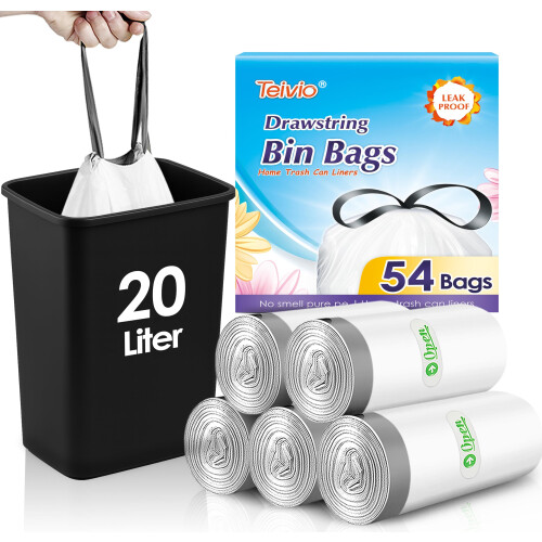 Teivio 20 Liter Bin Liners w/ Tie Tap, 54 Counts Drawstring Pedal Bin