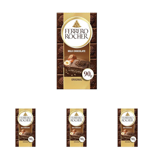 Ferrero Rocher Original Milk Chocolate Bar & Hazelnut, 90g (Pack 4)