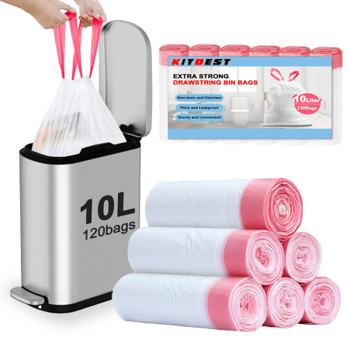10l Bin Bags Bin Liners, Drawstring Trash Bags w/ Tie Handle, KITBEST