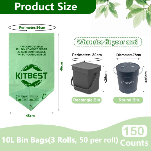 KITBEST 10l Compostable Bin Liners 150 Food Waste Bags, Biodegradable 1
