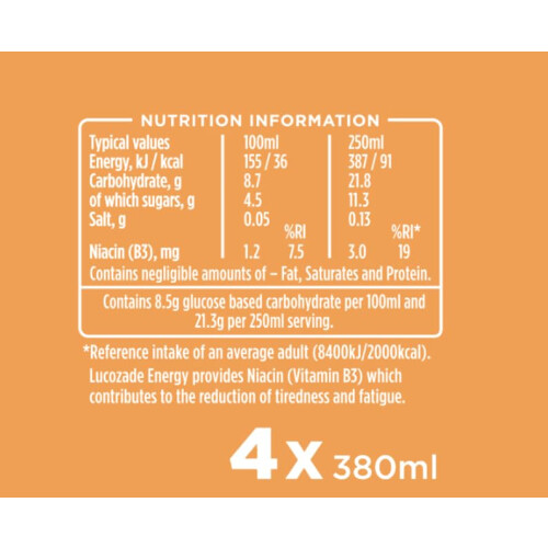 Lucozade Lucozade Energy Caribbean Crush 4 x 380ml (Pack 4) 1