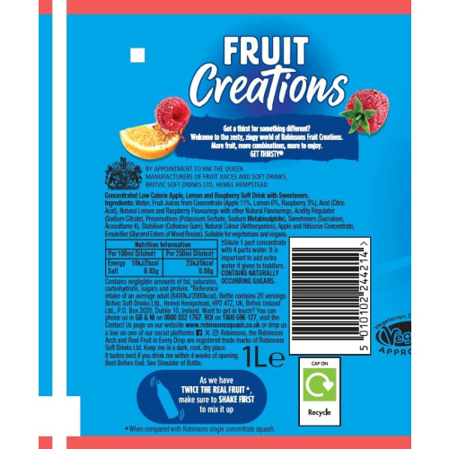 Robinsons Fruit Creations, Real Fruit Squash, Lemon & Raspberry, 1l 1
