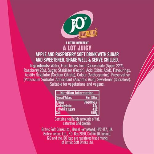 J2O Fruit Juice, Apple & Raspberry, 275ml Bottle (Pack 10) 1