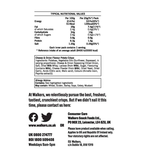 Walkers Walkers Cheese & Onion Crisps 6 Pack (18 Packs) 1