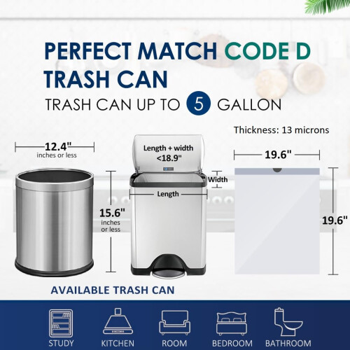 Teivio 20 Liter Bin Liners w/ Tie Tap, 54 Counts Drawstring Pedal Bin 1