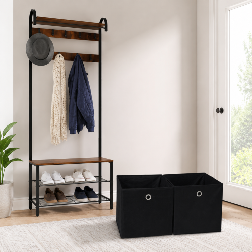 Entryway Iron Coat Bench Set (2-Piece) - Iron Coat Rack with Shoe Bench & Fabric Storage Box