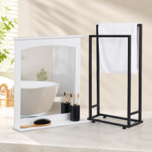 Badezimmer-Regalset aus MDF (2-teilig) - Gerahmter Wandspiegel mit Ablage und freistehender Handtuchhalter mit 2 Stangen