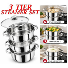 4PC Stainless Steel 3 Tier Steamer Pot Set 25cm