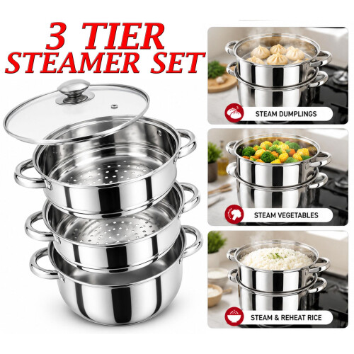 4PC Stainless Steel 3 Tier Steamer Pot Set 25cm