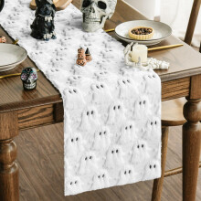 Chemin de table en velours décoratif Halloween fantômes blanc 33 x 183 cm — deco table automne, linge maison halloween
