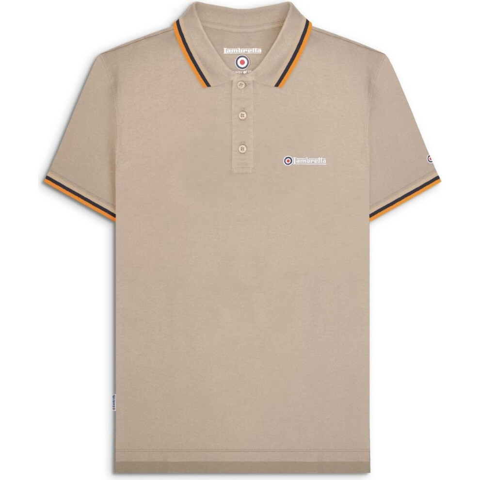 Lambretta (M, Cashew/Stone/Navy/Orange) Mens Target Triple Tipped Retro Polo Shirt