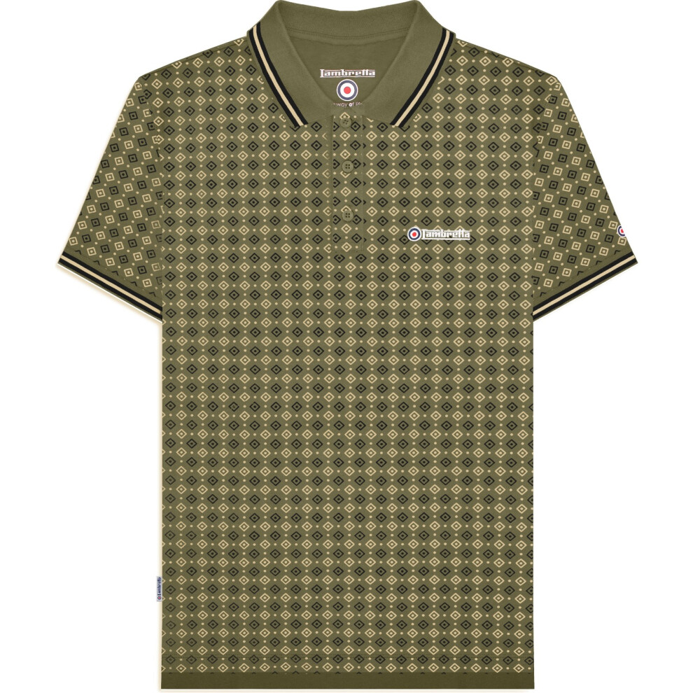 Lambretta (M, Khaki) Mens Geometric Allover Print Short Sleeve Collared Polo Shirt Top Tee
