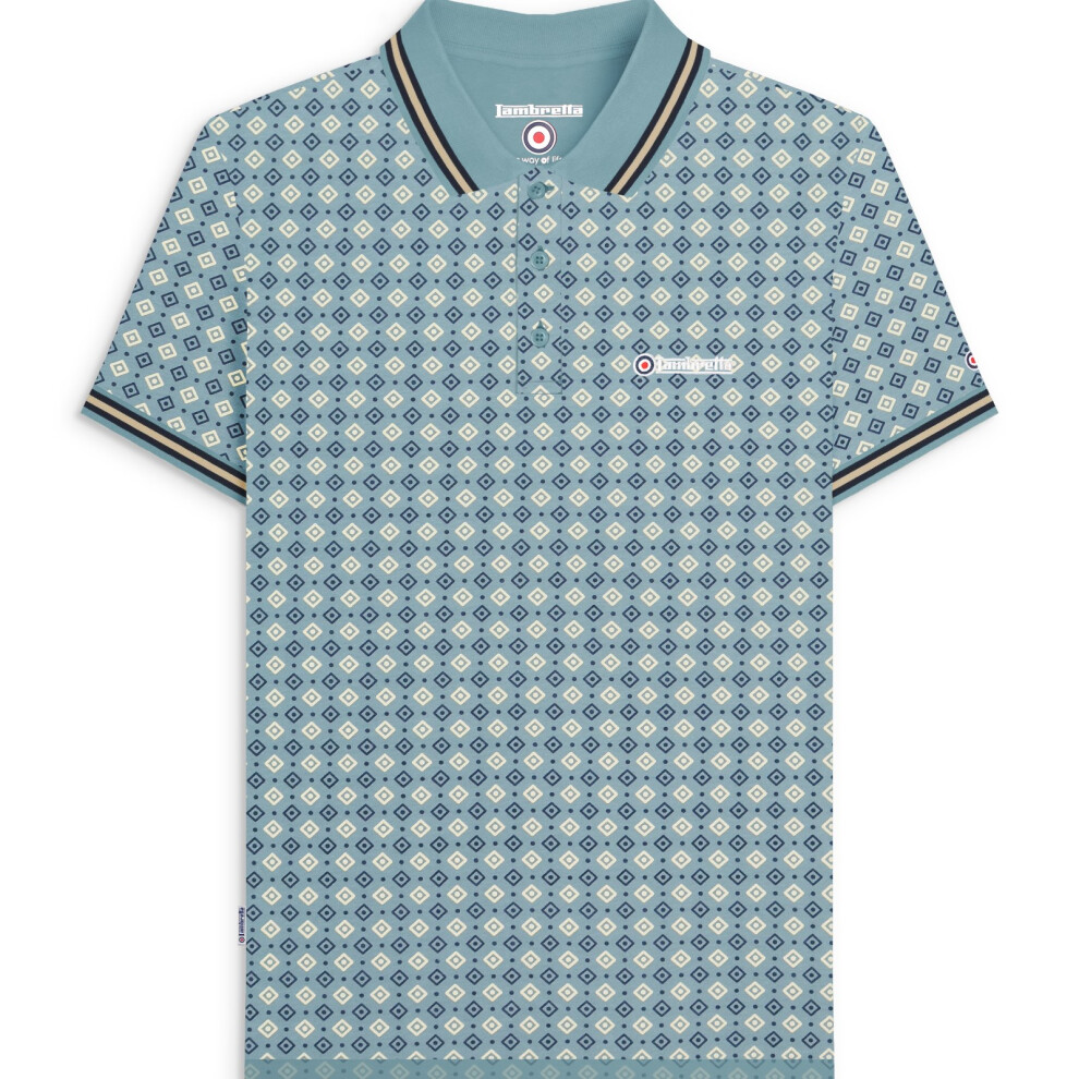 Lambretta (4Xl, Smoke Blue) Mens Geometric Allover Print Short Sleeve Collared Polo Shirt Top Tee