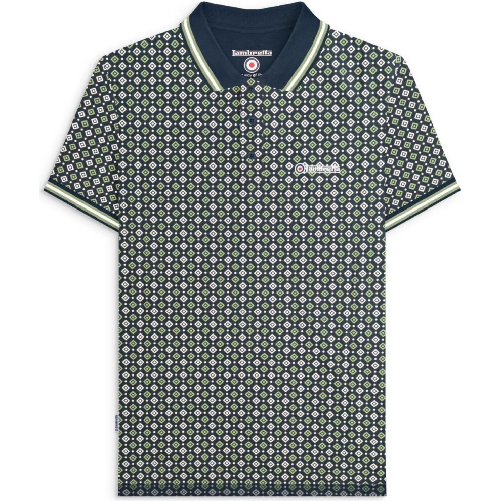 Lambretta (3Xl, Navy/Basil) Mens Geometric Allover Print Short Sleeve Collared Polo Shirt Top Tee