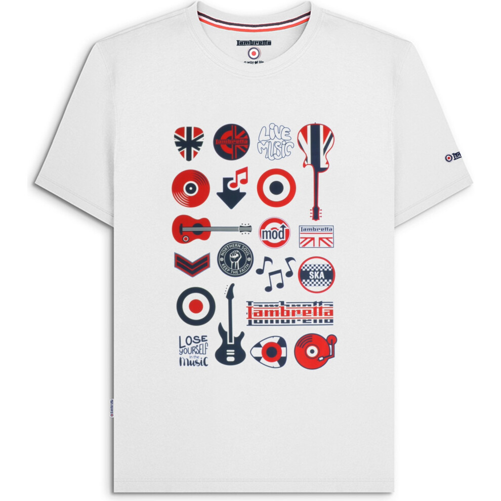 Lambretta (2Xl, White) Mens Music Icon Short Sleeve Graphic T-Shirt Music Mod Guitar Logo