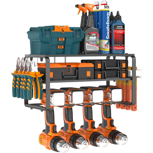 3-Tier Tool Organizer Workshop Wall Mount for 4 Power Tools Black — wall mount tool organizer, metal tool holder, drill organizer