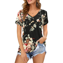 Camiseta tipo blusa básica para mujer con flores, elegante estilo veraniego, suelta, negra, XXL