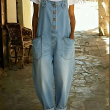 (Light Blue, 8) Women's Retro Denim Dungarees Jumpsuit with Pockets, Wide-Leg Pants, Straight-Leg Trousers, Fashion Versatile Outfits