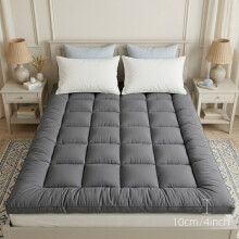 (Single) Grey Mattress Topper 4-Inch / 10cm Hotel Quality Deep Fitted Mattress Pad with Corner Elasticated Straps Quilted