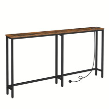 (Rustic Brown) Console Table with Power Outlet, 160cm Narrow Sofa Table, Industrial Entryway Table with USB Ports, Behind Couch Table