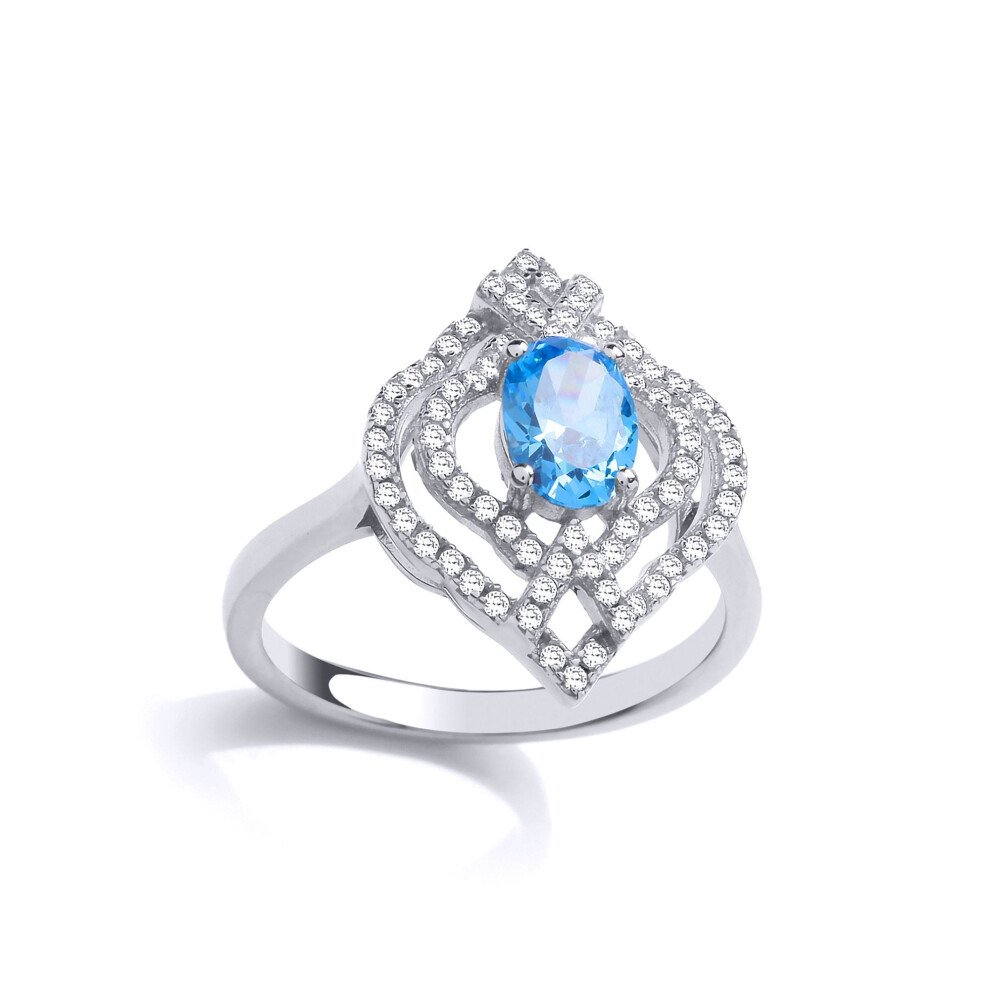 Jewelco London (P) Ladies Sterling Silver Light Blue Oval Cubic Zirconia Arabesque Clover Lantern Cluster Ring - Gvr834