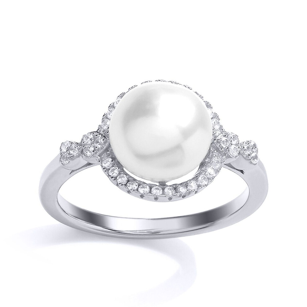 Jewelco London (R) Sterling Silver Cubic Zirconia & Freshwater Cultured Pearl Halo Full Moon Dress Ring - Gvr696