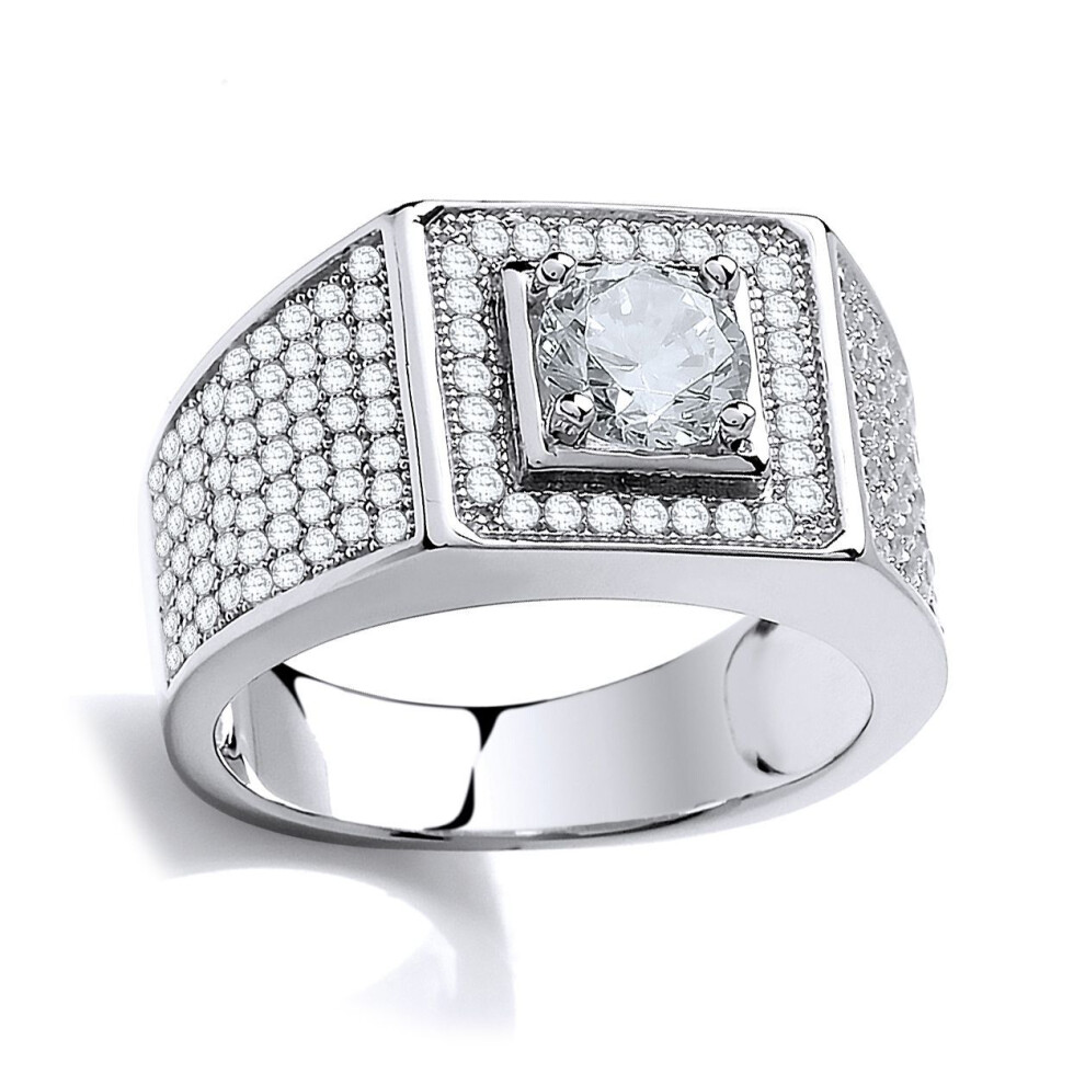 Jewelco London (W) Ladies Rhodium Plated Sterling Silver Cubic Zirconia Pave Encrusted Solitaire Signet Ring - Szr013