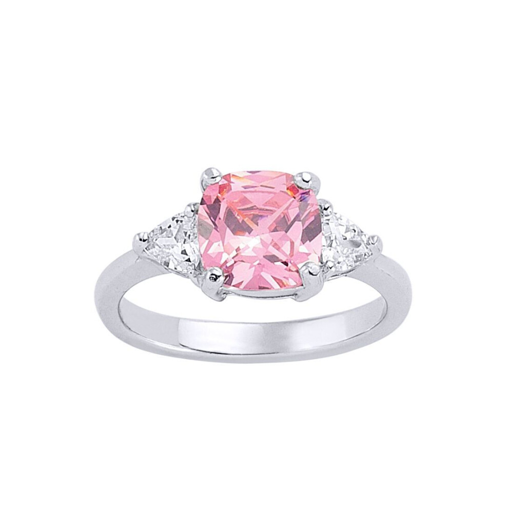 Jewelco London (N) Sterling Silver Pink Cushion And Triangle Cubic Zirconia Shoulder-Set 4 Claw Solitaire Ring - Gvr319