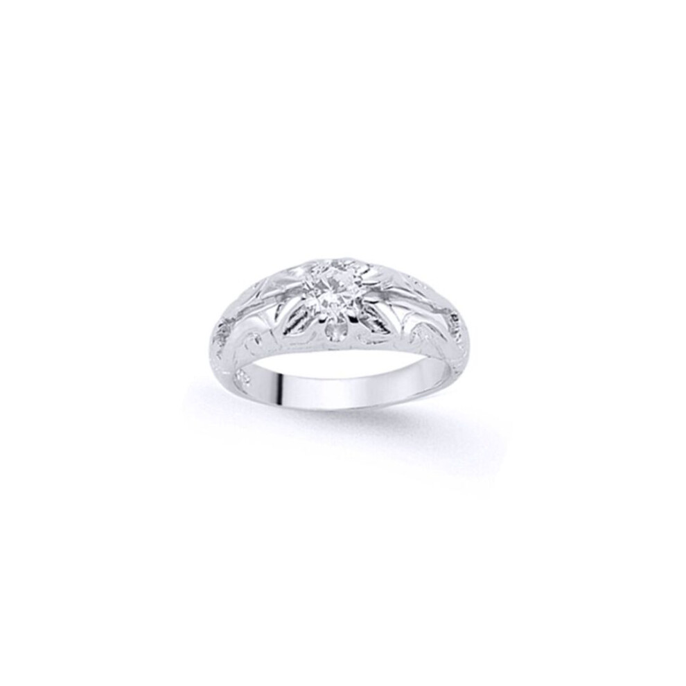 Jewelco London (A) Boys Sterling Silver Cubic Zirconia Gypsy Carved Solitaire Ring - Gvr1k