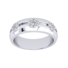 (N) Jewelco London Ladies Platinum Plated Sterling Silver CZ Grooved D-Shape Trilogy Cluster Wedding Band Ring 5mm - GVR939