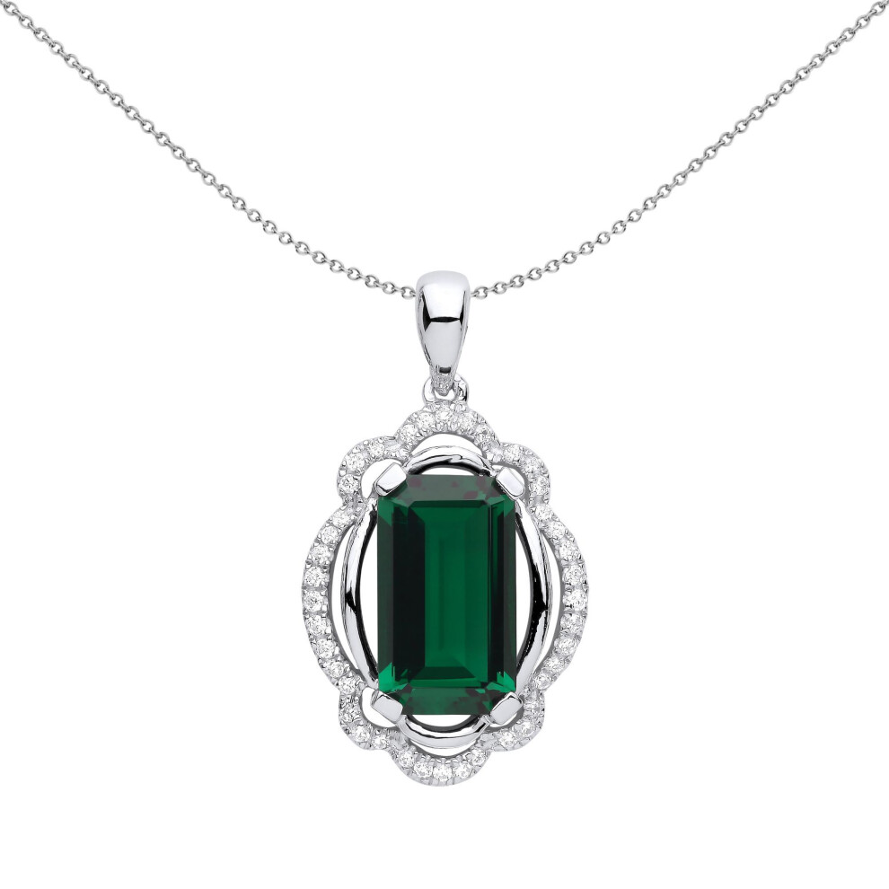 Jewelco London Ladies Sterling Silver Green Emerald Cz Scallop Rhombus Oval Solitaire Pendant Necklace - Gvp584