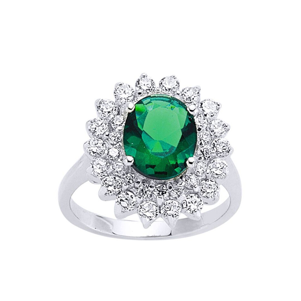 Jewelco London (Q) Sterling Silver Emerald-Green Oval Cubic Zirconia Royal Cluster Solitaire Engagement Ring - Gvr302-Grn