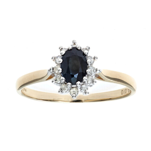 (P) Jewelco London 9ct Yellow Gold Round 10pts Diamond Oval 0.79ct Sapphire Classic Royal Oval Cluster Ring - PR0AXL5244YSA