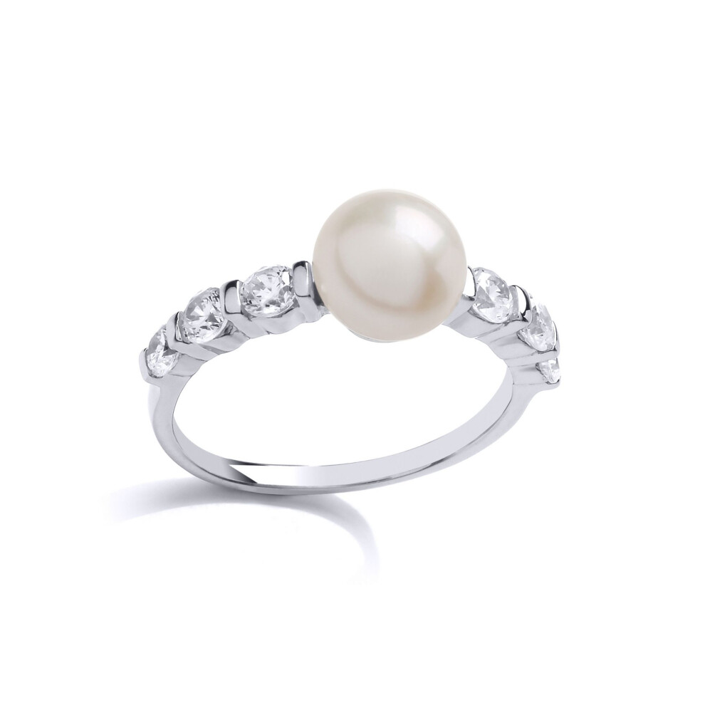 Jewelco London (O) Sterling Silver Cz & Freshwater Cultured Pearl Full Moon Shoulder Set Dress Ring 8Mm - Gvr877