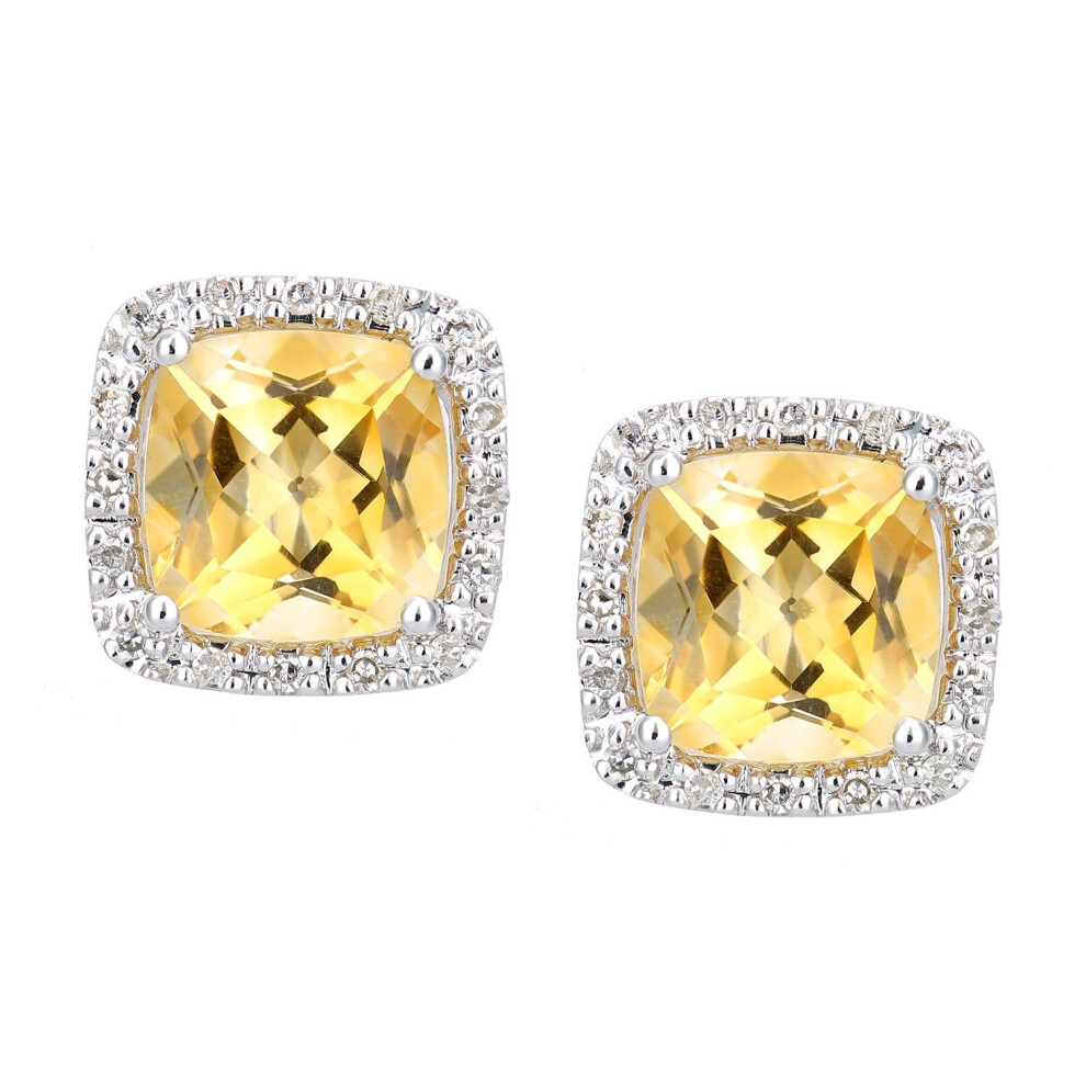 Jewelco London 9Ct White Gold Round 10Pts Diamond Cushion 2.8Ct Citrine Cocktail Stud Earrings - De1axl681wct