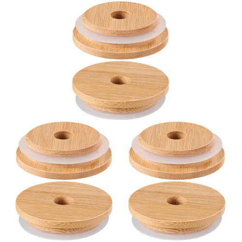 6Pièces Couvercles Hermétiques En Bambou Silicone Pour Bocaux