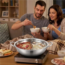 Stainless Steel Twin Divided Double Hotpot Cooker Gas Stove Compatible Pot Home Kitchen Cookware Soup Cooking Pot,32cm