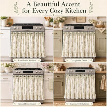 Farmhouse Stove Skirt Oven Curtain for Kitchen Decor, Cotton Blend Stove Curtain with Lace Ruffle Trim & 9 Ribbon Ties