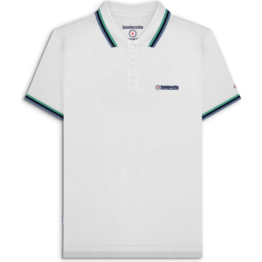Lambretta (4Xl, White/Cameo/Navy/Sky) Mens Target Triple Tipped Retro Polo Shirt