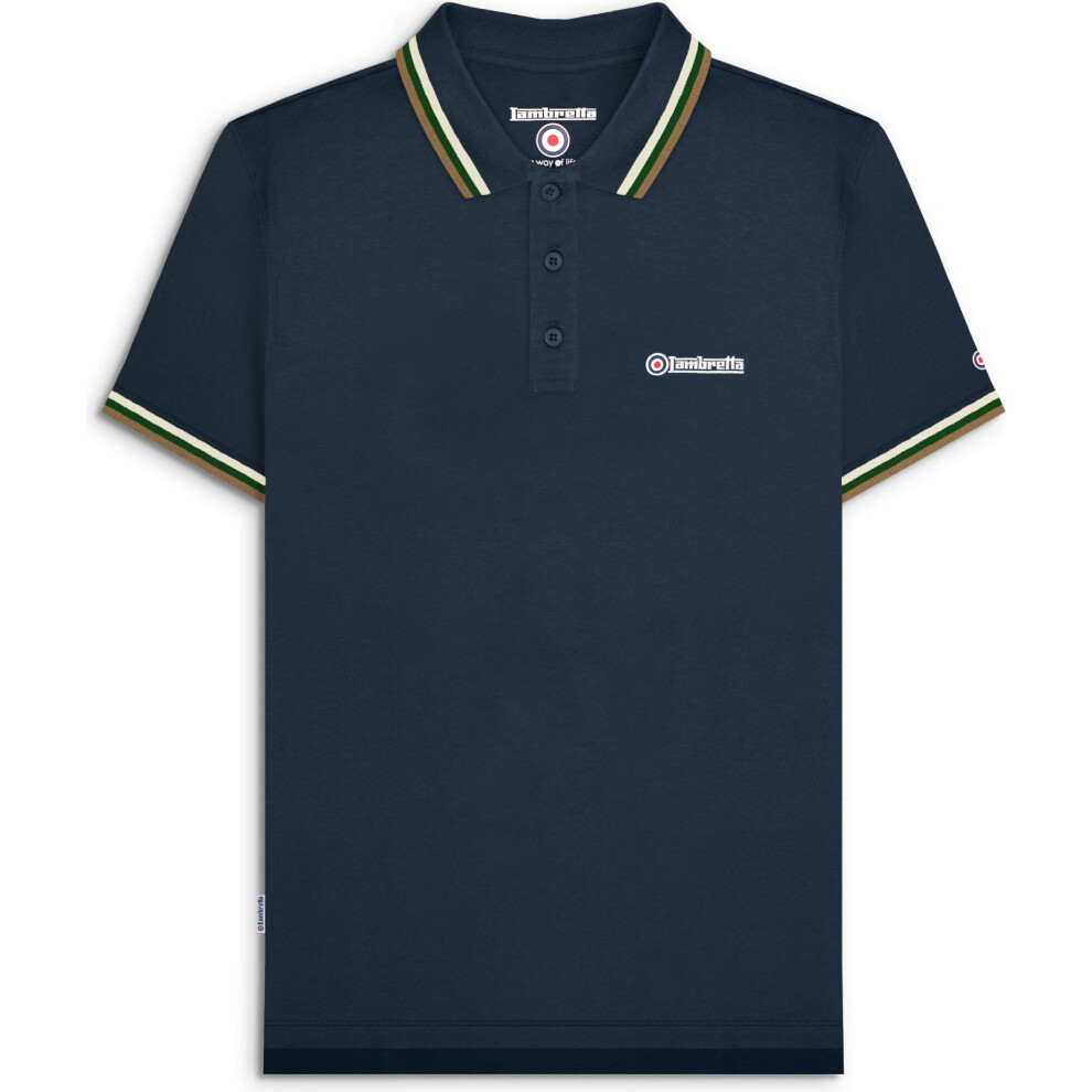 Lambretta (M, Navy/Tofu/Green/Cashew) Mens Target Triple Tipped Retro Polo Shirt
