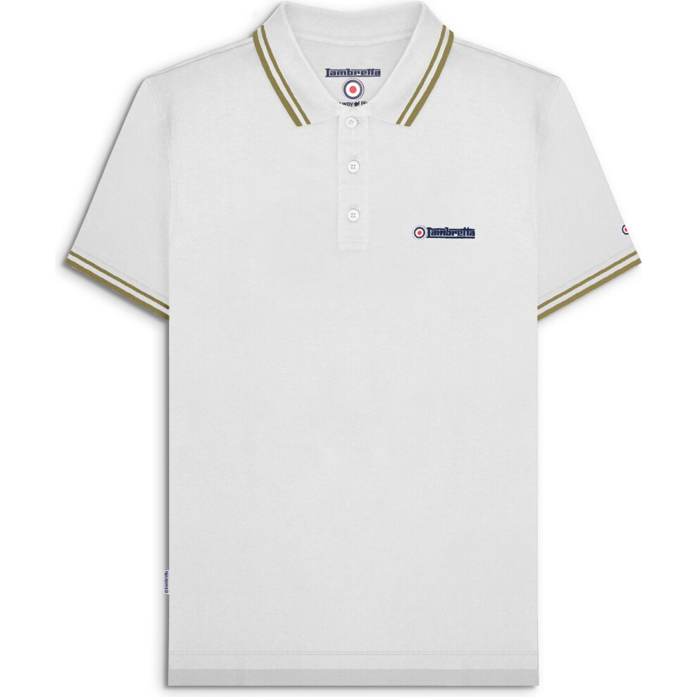 Lambretta (3Xl, White/Cashew) Mens Twin Tipped Short Sleeve 3 Button Placket Cotton Polo Shirt Top
