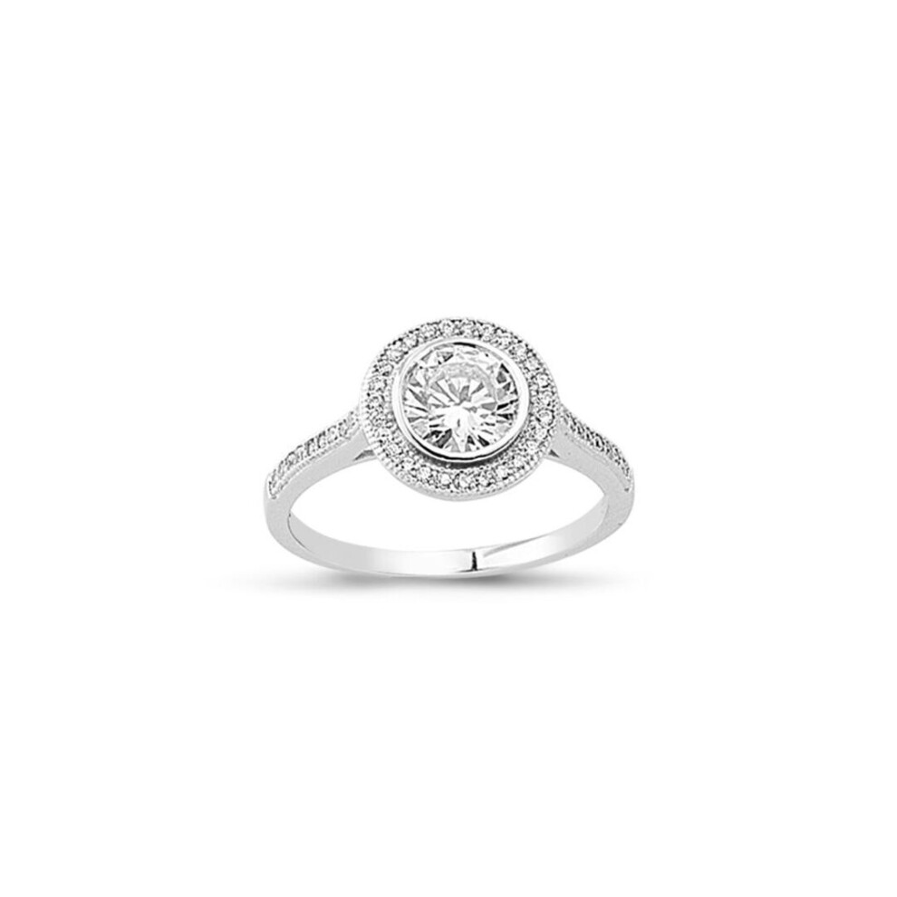 Jewelco London (K) Ladies Rhodium Plated Sterling Silver Cubic Zirconia Shoulder-Set Halo Solitaire Engagement Ring - Arn141