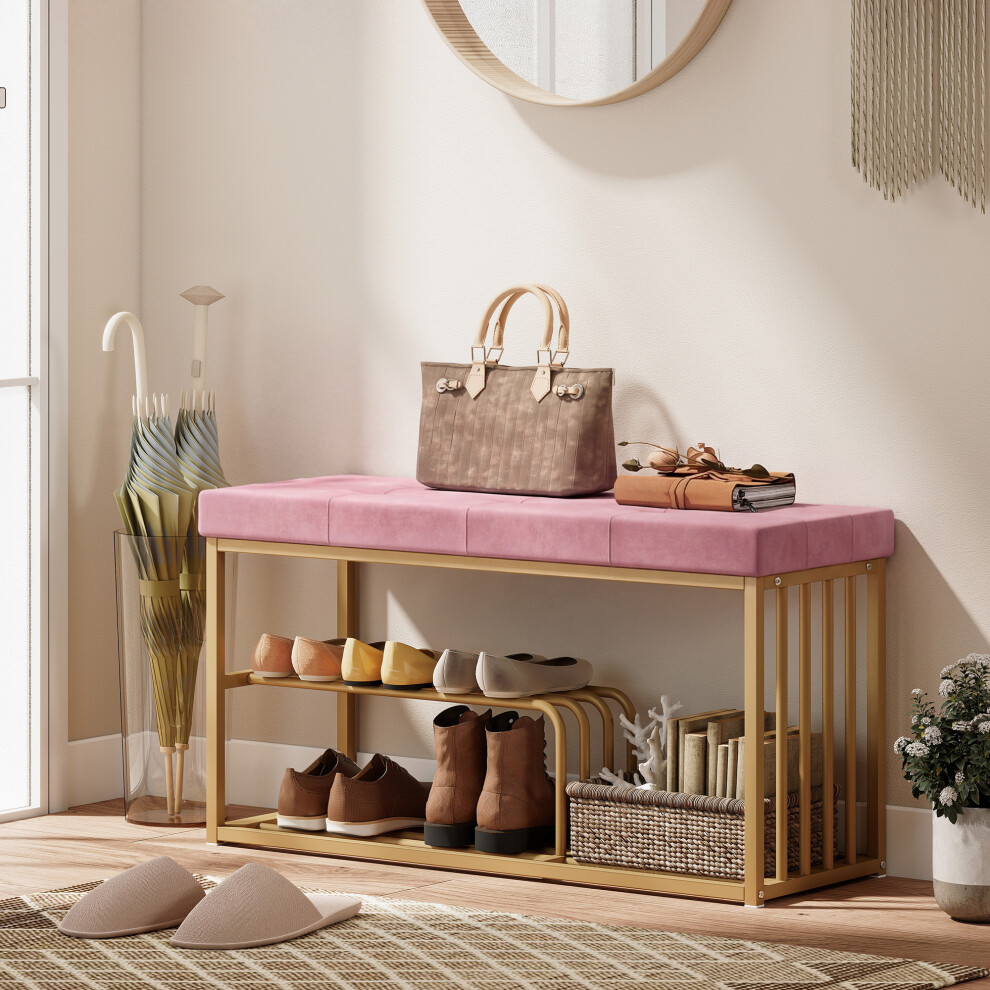 Homcom (Pink) Shoe Storage Bench With Seat Cushion Tufted Shoe Rack Bench