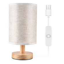 Lampe de chevet ronde avec abat-jour en tissu et structure en bois massif pour le salon